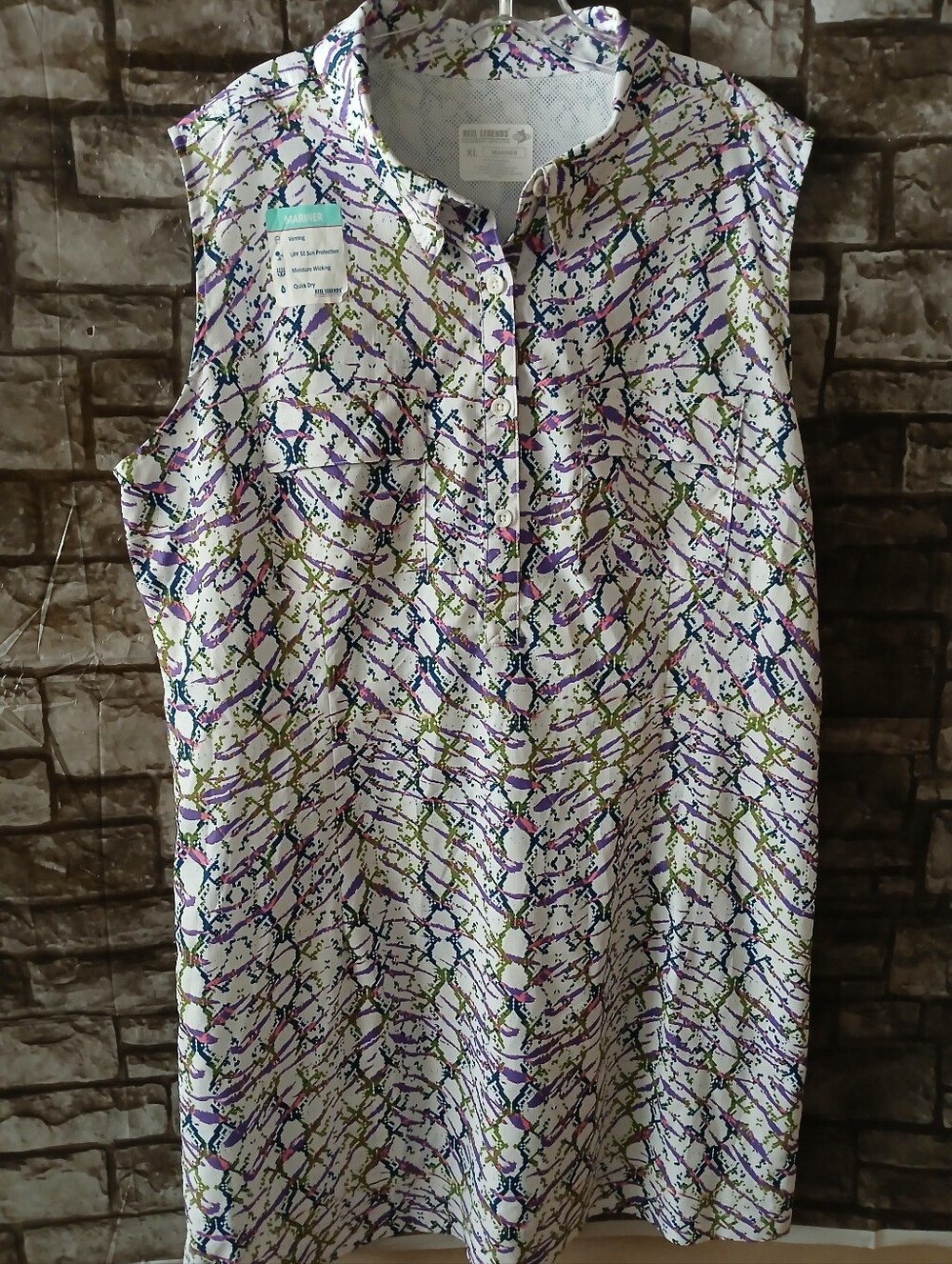 Reel Legends Sleeveless White Tunic with Purple & Green Print